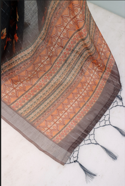 Classic Black Linen Saree with Subtle Stripes & Floral Print *PHL 32*