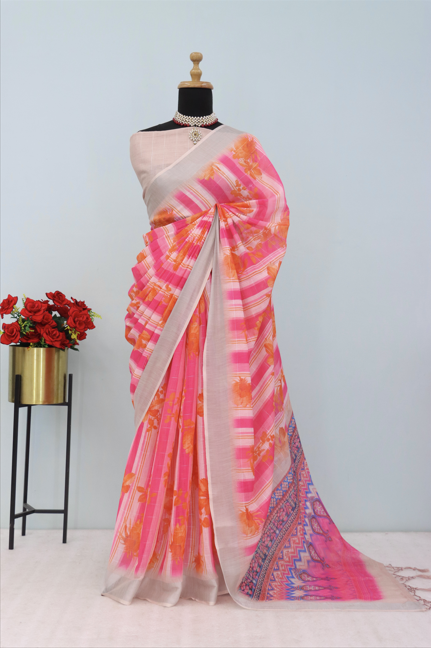 Vibrant Pink & Cream Linen Saree with Floral Stripes and Designer Pallu *PHL 37*