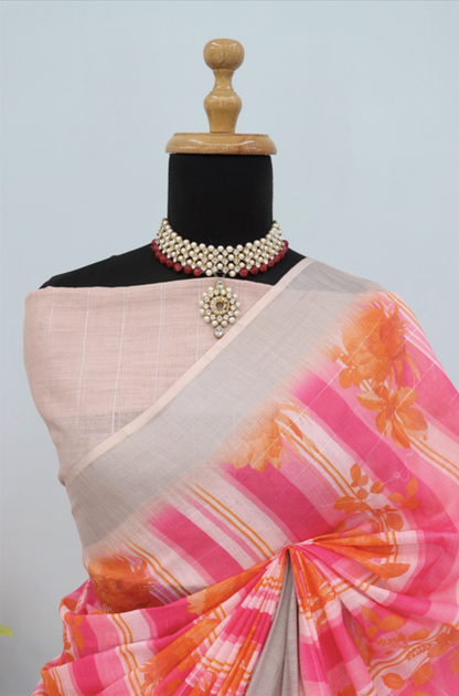 Vibrant Pink & Cream Linen Saree with Floral Stripes and Designer Pallu *PHL 37*