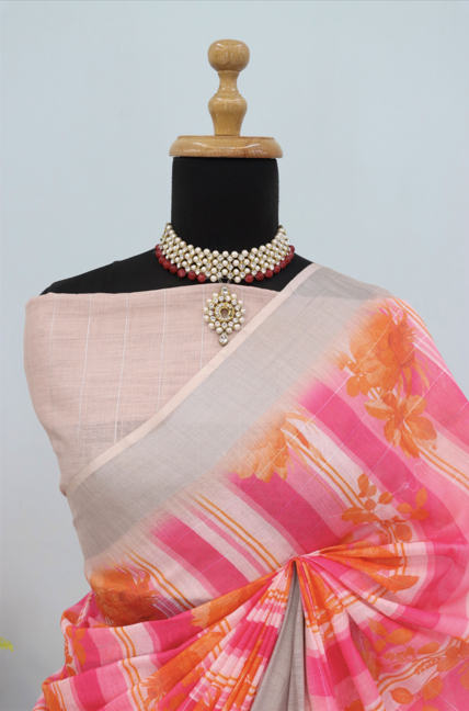 Vibrant Pink & Cream Linen Saree with Floral Stripes and Designer Pallu *PHL 37*