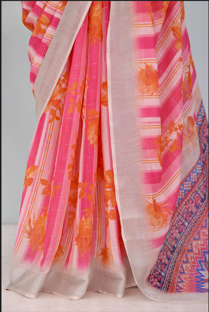 Vibrant Pink & Cream Linen Saree with Floral Stripes and Designer Pallu *PHL 37*