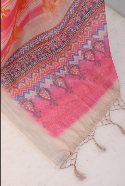 Vibrant Pink & Cream Linen Saree with Floral Stripes and Designer Pallu *PHL 37*