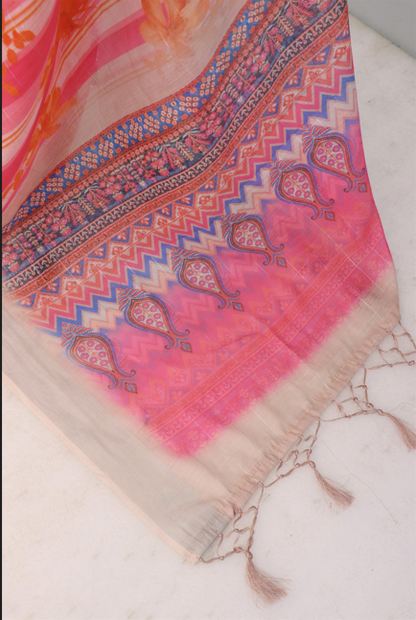 Vibrant Pink & Cream Linen Saree with Floral Stripes and Designer Pallu *PHL 37*