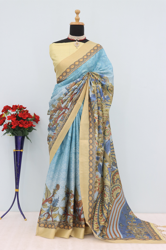 Graceful Light Blue Mysore Silk Saree with Traditional Motif Print and Beige Border * PHMS 01*