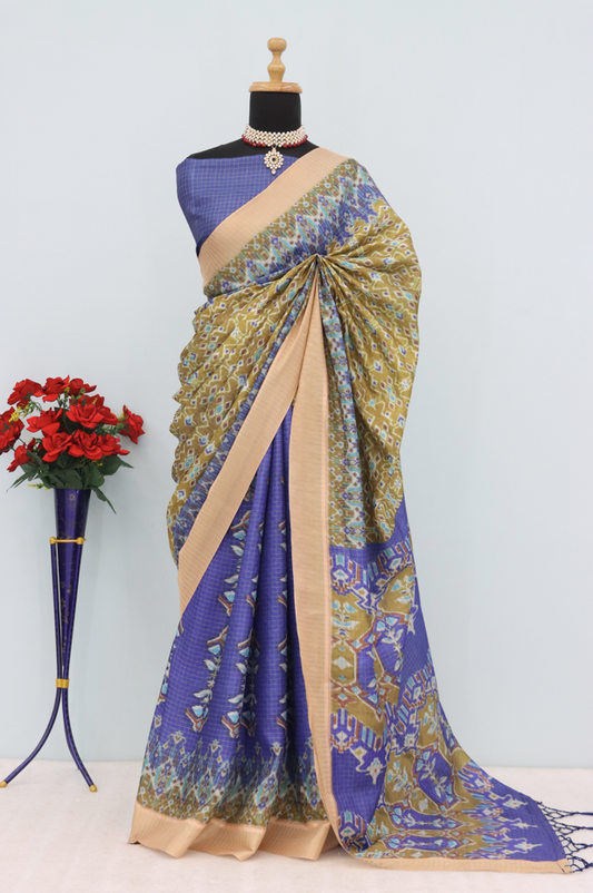 Vibrant Yellow & Royal Blue Mysore Silk Saree with Ikat-Inspired Geometric Pallu *PHMS 05*