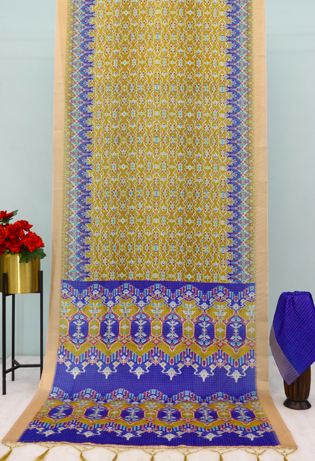 Vibrant Yellow & Royal Blue Mysore Silk Saree with Ikat-Inspired Geometric Pallu *PHMS 05*