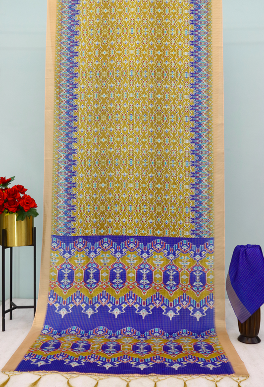 Vibrant Yellow & Royal Blue Mysore Silk Saree with Ikat-Inspired Geometric Pallu *PHMS 05*