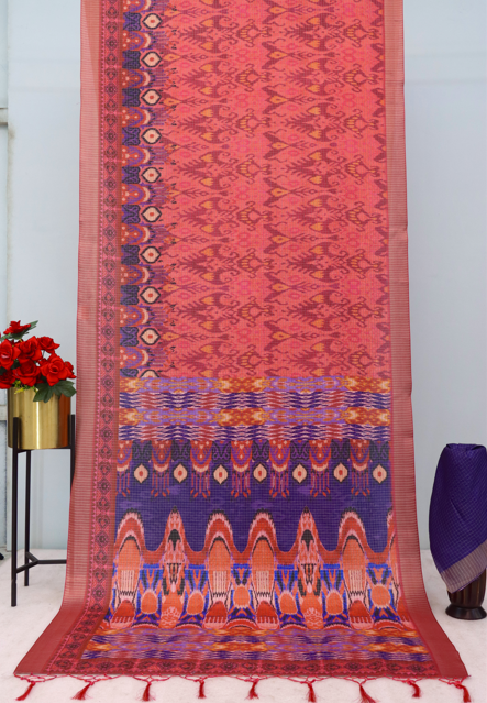 Peach & Blue Mysore Silk Saree with Ikat Print and Ornate Border *PHMS 11*