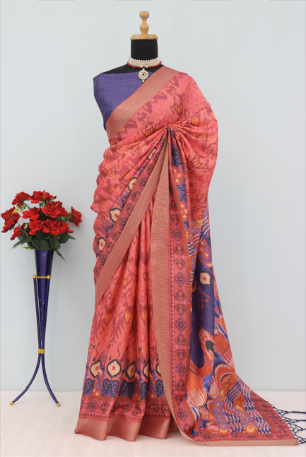 Peach & Blue Mysore Silk Saree with Ikat Print and Ornate Border *PHMS 11*